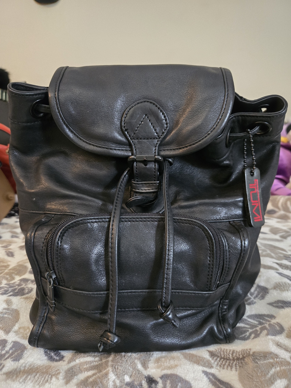 Tumi Black Leather Drawstring Backpack